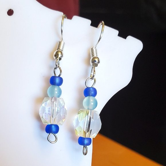 Silver Tone Hook Glass Square Bead Dangle Earrings